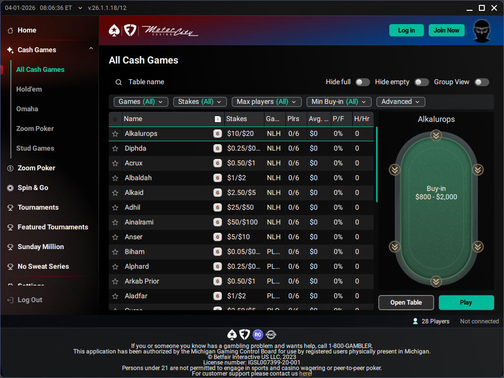 Cash game lobby on PokerStars